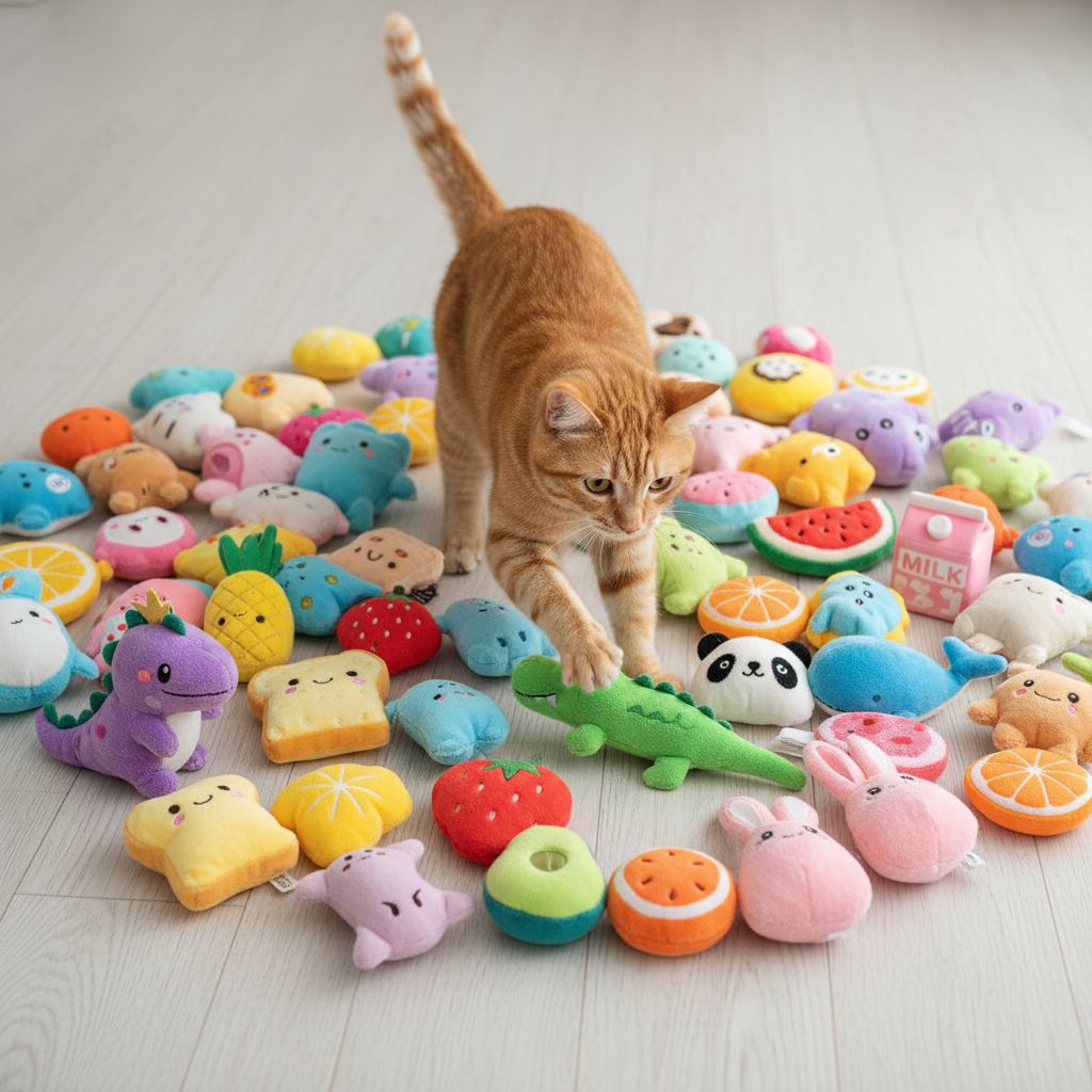 Orange tabby cat with 50-pack catnip plush toys