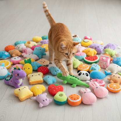 Orange tabby cat with 50-pack catnip plush toys