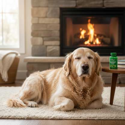 Senior dog resting comfortably after joint pain relief from glucosamine