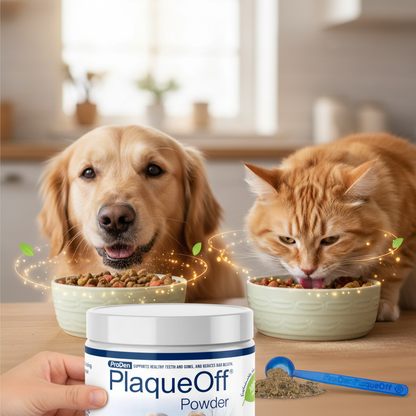 Dog and cat eating food with ProDen dental supplement