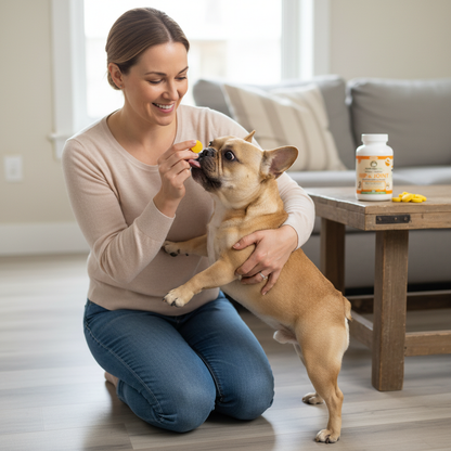 Owner giving French Bulldog tasty joint supplement chew