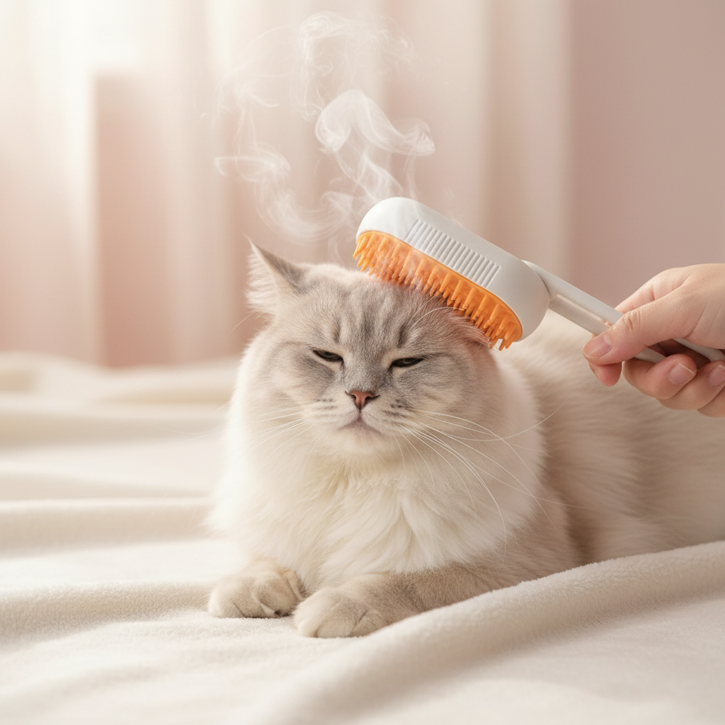 British Shorthair cat being groomed with white steam brush relaxed