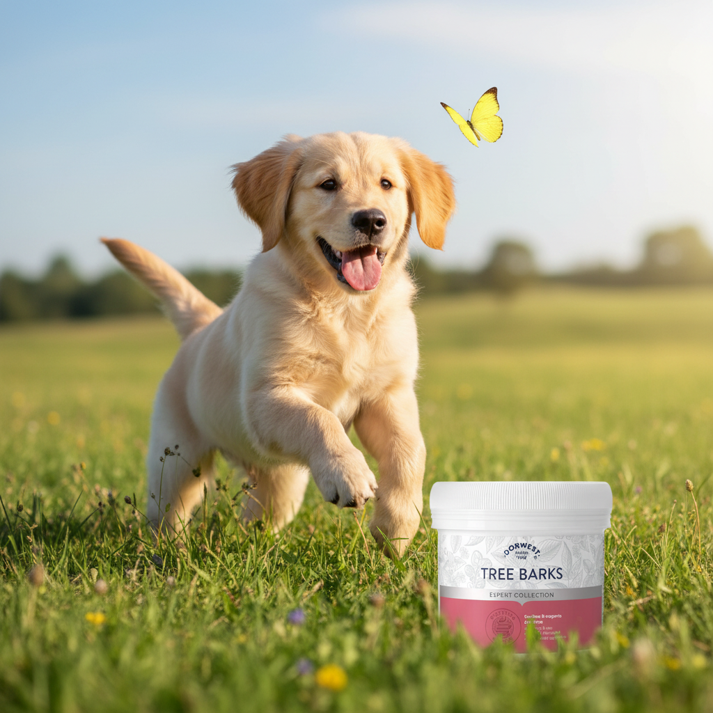 Happy puppy with healthy digestion playing energetically wellness