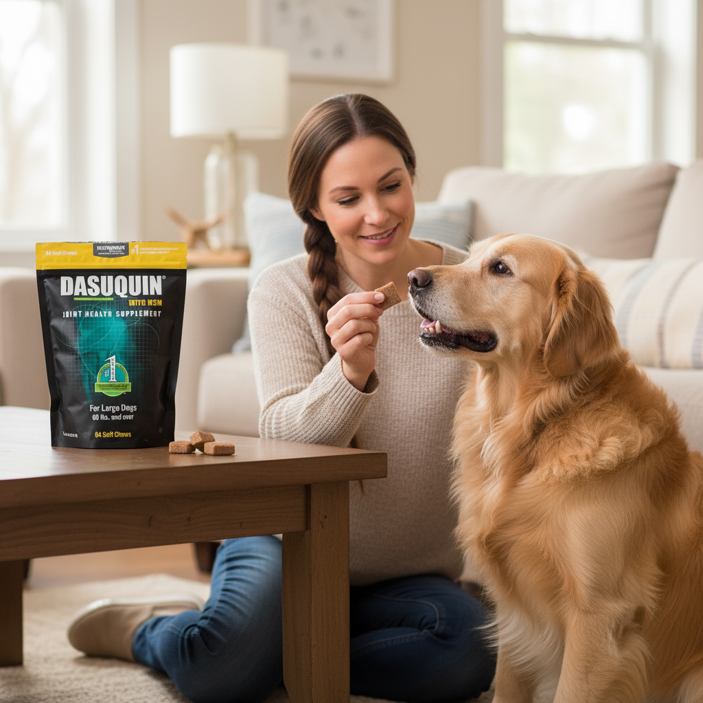 Owner giving large dog Dasuquin soft chew supplement