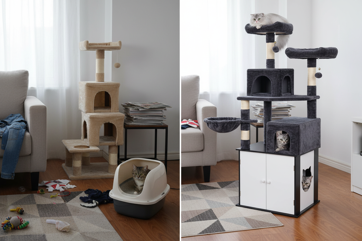 Before and after: messy litter box vs hidden in cat tree