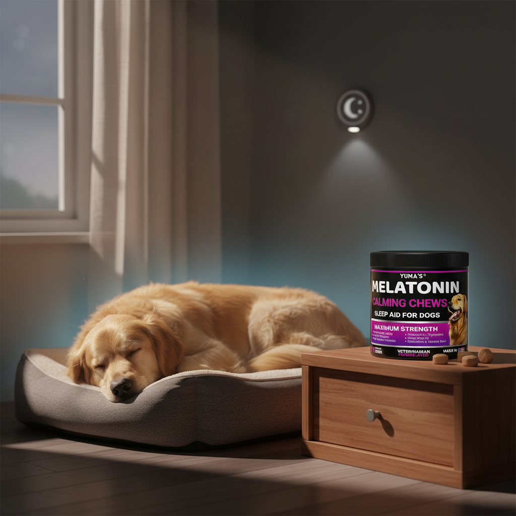 Dog sleeping peacefully at night improved sleep from melatonin sleep support