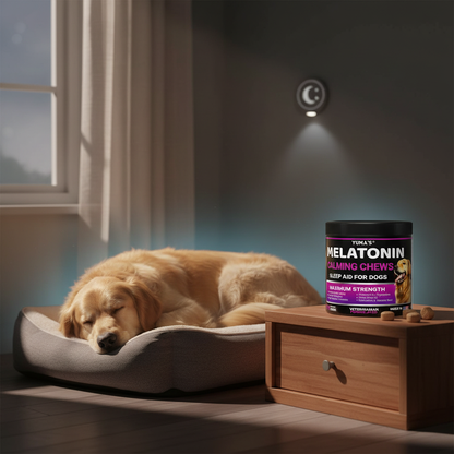 Dog sleeping peacefully at night improved sleep from melatonin sleep support