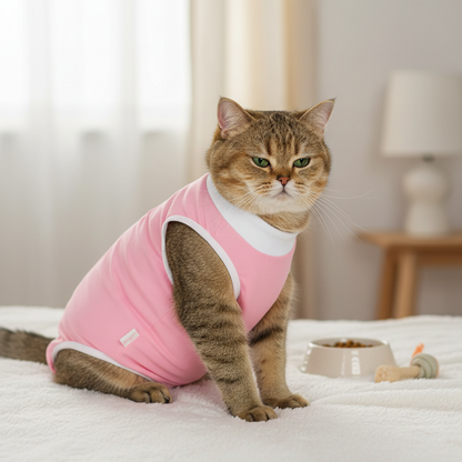 Female cat wearing breathable recovery suit after surgery comfortable