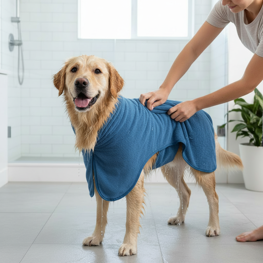 Golden Retriever wearing blue quick-dry bath robe after swimming absorbency fast drying