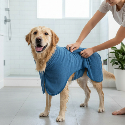 Golden Retriever wearing blue quick-dry bath robe after swimming absorbency fast drying