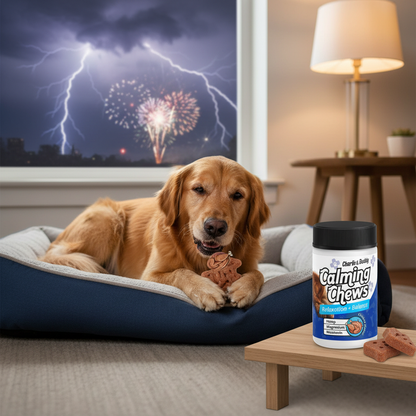 Dog staying calm during thunderstorm with anxiety relief calming chews