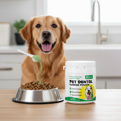 Dog dental powder with probiotics being sprinkled on food