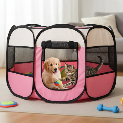 Puppy and cat in foldable pet playpen for travel and camping