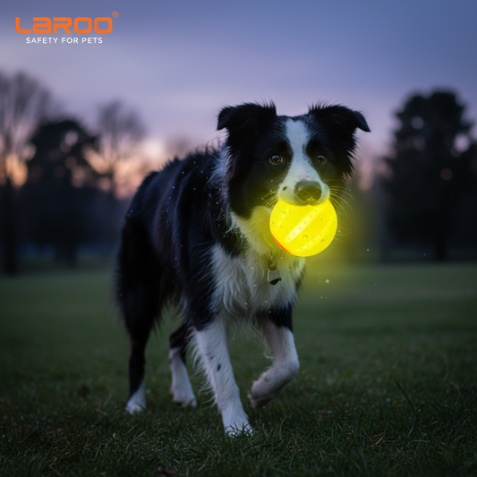 Border Collie playing with glowing LED dog ball at dusk