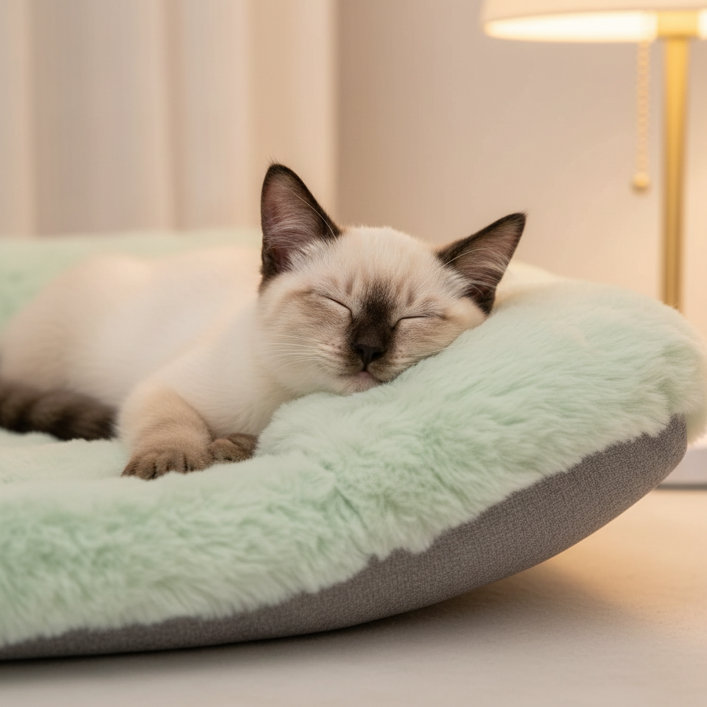 Siamese kitten sleeping on green cat bed with pillow
