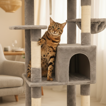 Savannah cat using scratching posts on large cat tower