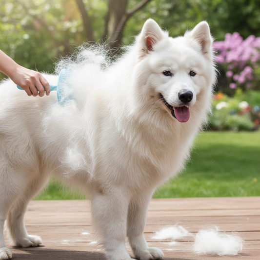Long-haired Samoyed having loose fur removed with slicker shedding brush
