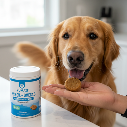Happy dog eating tasty Omega-3 fish oil chew supplement