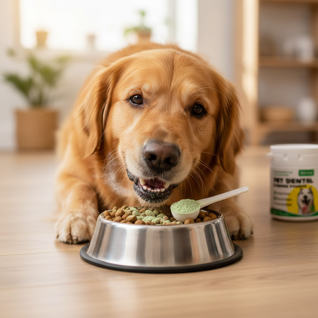 Dog eating food with dental powder showing fresh breath