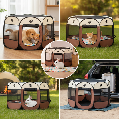 Puppy, cat, and bunny safely contained in exercise pen