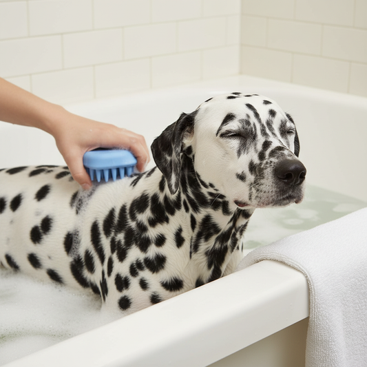 Short-haired Dalmatian enjoying massage with anti-skid rubber brush relaxed