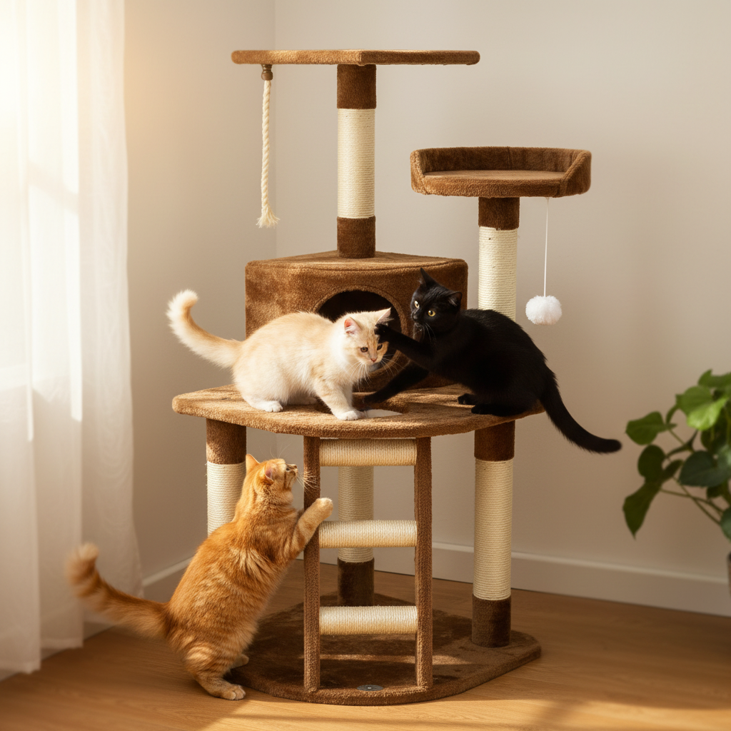 Cats using brown corner cat tree with ladder and plush condo