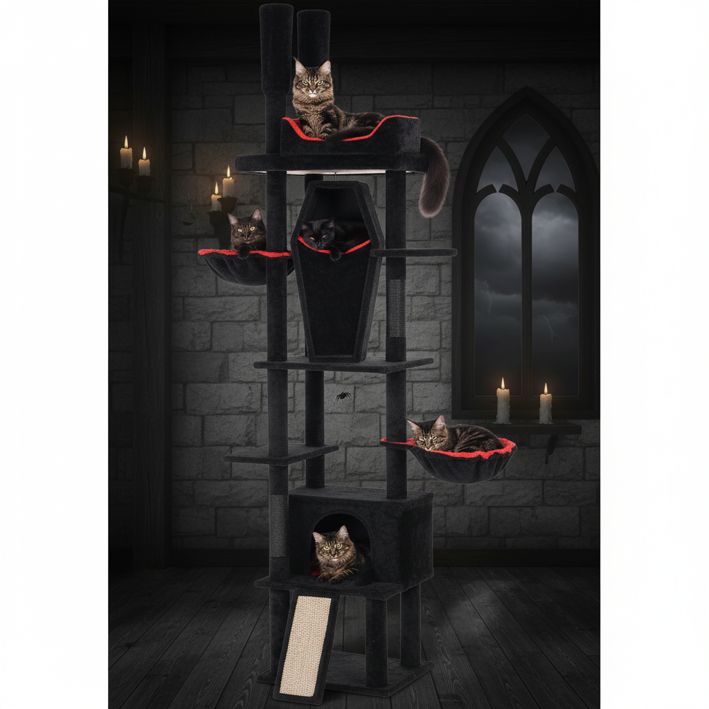 Black cat in gothic coffin bed on floor-to-ceiling cat tree
