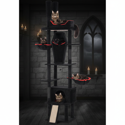 Black cat in gothic coffin bed on floor-to-ceiling cat tree