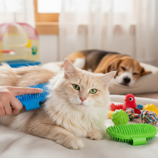 Long-haired cat being groomed with rubber scrubber brush versatile