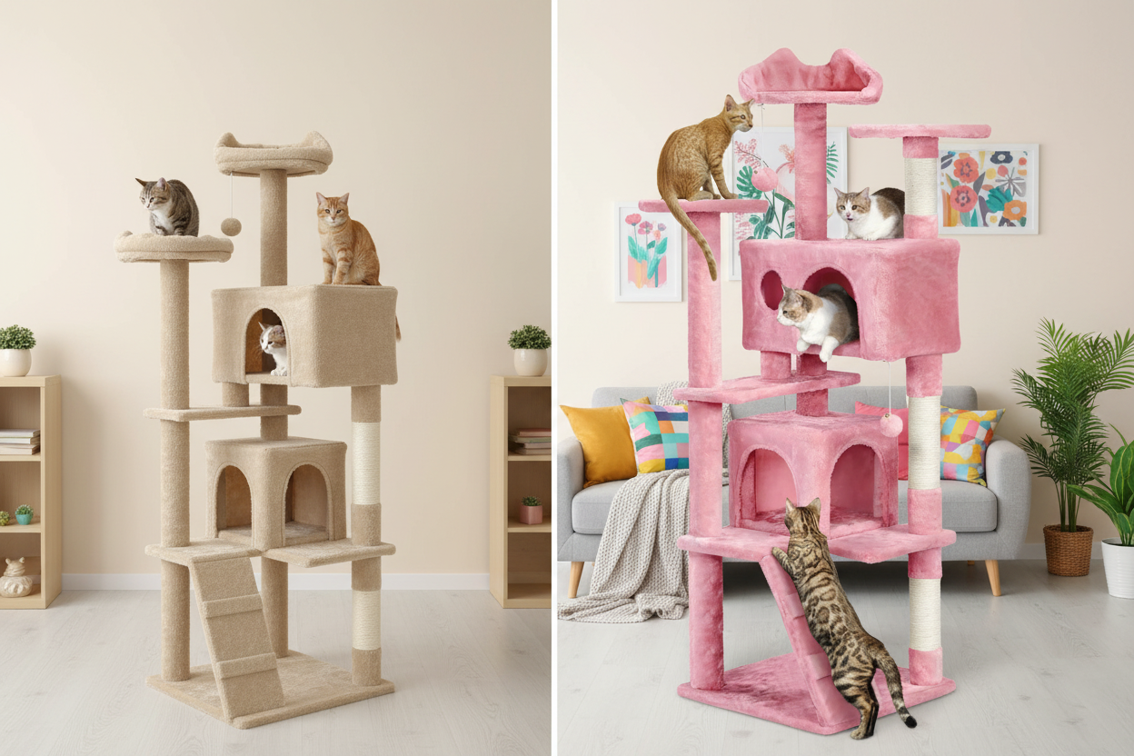Before and after: boring cat tree vs beautiful pink cat tower