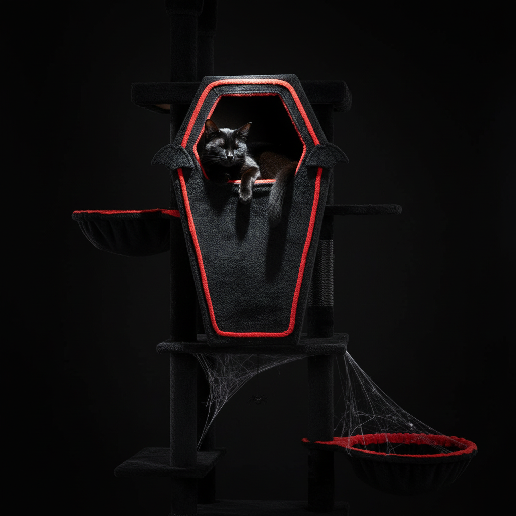 Bombay cat lounging in gothic coffin bed on tall cat tower