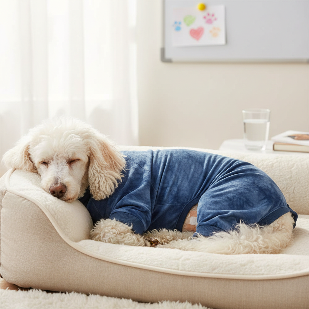 Female Poodle in soft recovery suit preventing licking after spay