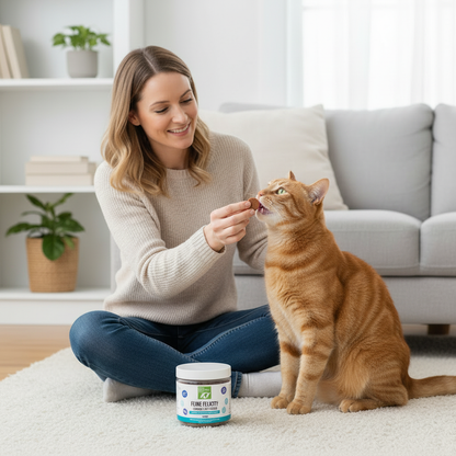 Person giving soft chew supplements to cat easy administration palatability