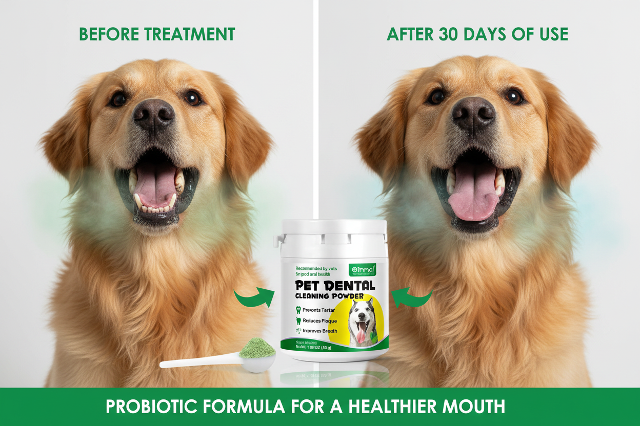 Before and after: bad breath vs fresh breath with dental powder