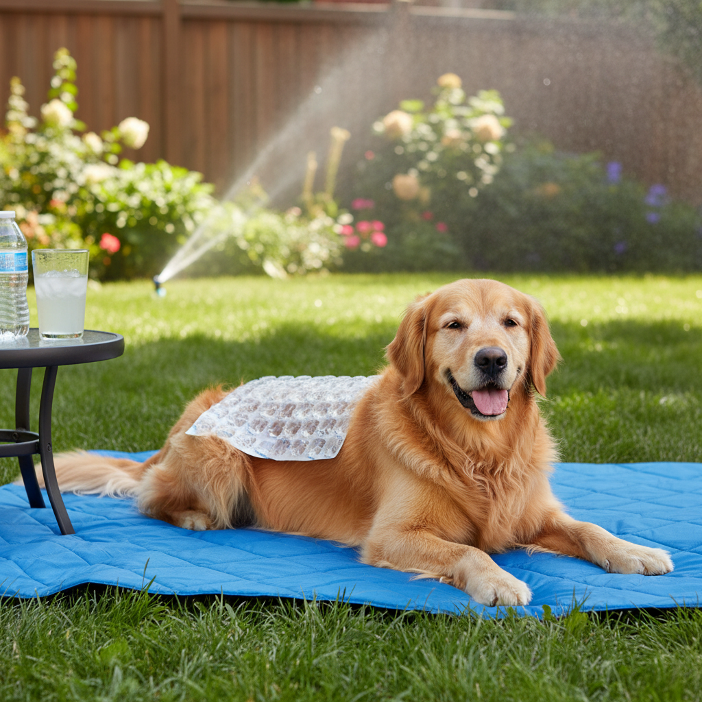 Dog outdoors on cooling mat with ice sheets summer heat relief