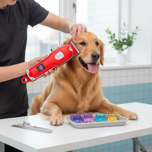 Groomer using Gooad cordless clippers on Golden Retriever