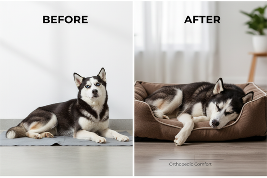 Husky before and after on orthopedic dog pad