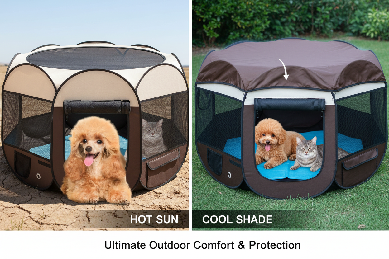 Before and after: hot sun vs cool shade in pet playpen