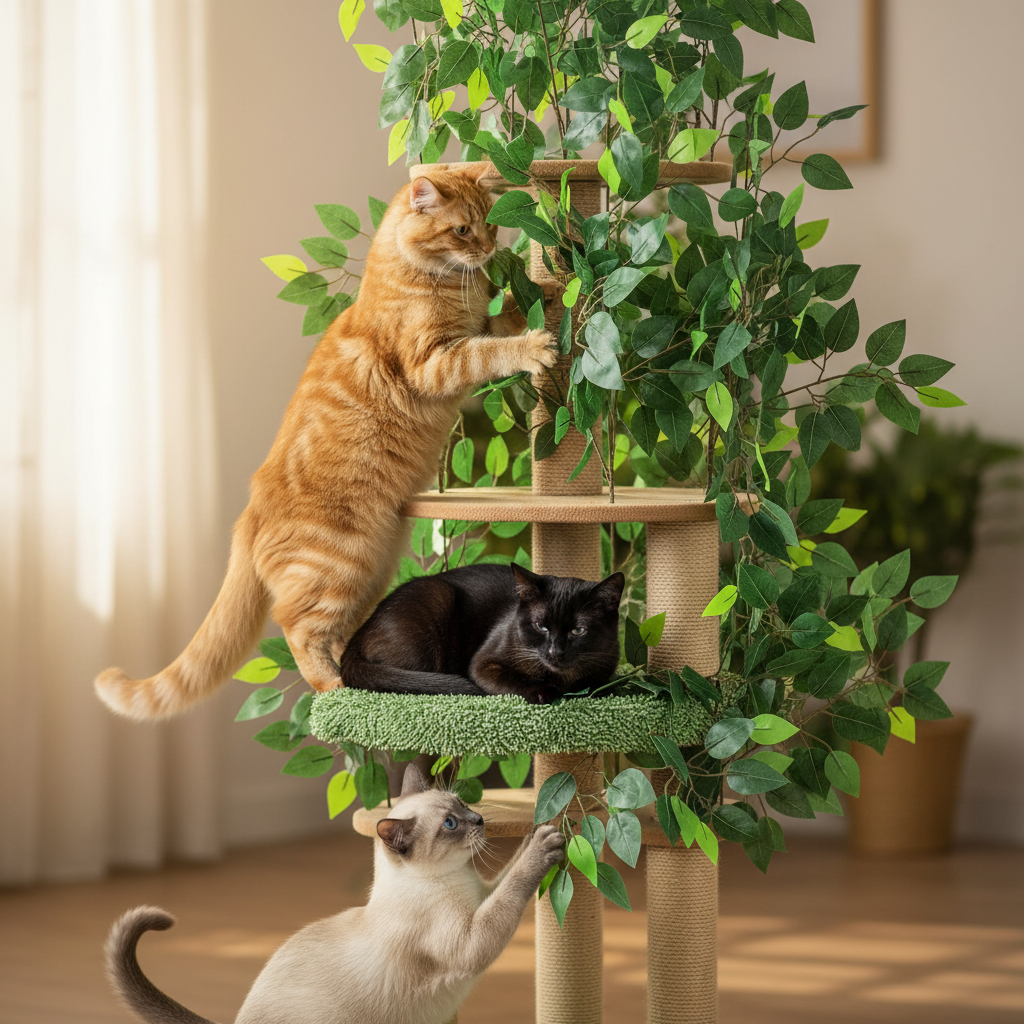 Cats playing on nature-themed leaf cat tower with plush platforms