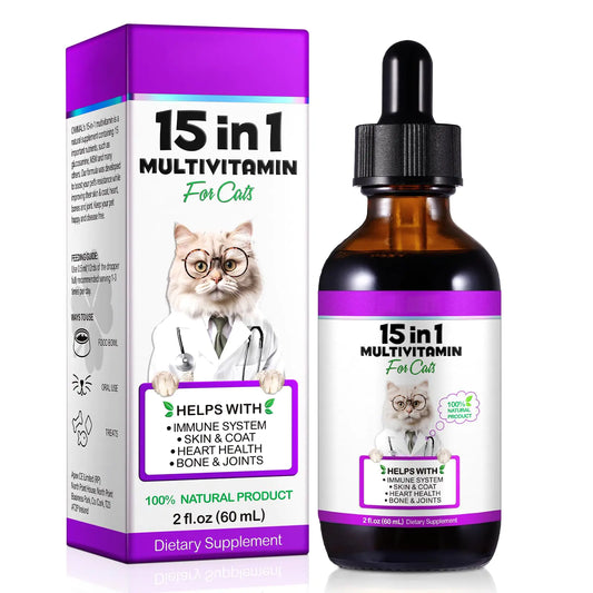 Cat Multivitamin 15-in-1 Drops | Joint, Skin & Coat Support | Bacon Flavor | 2 oz