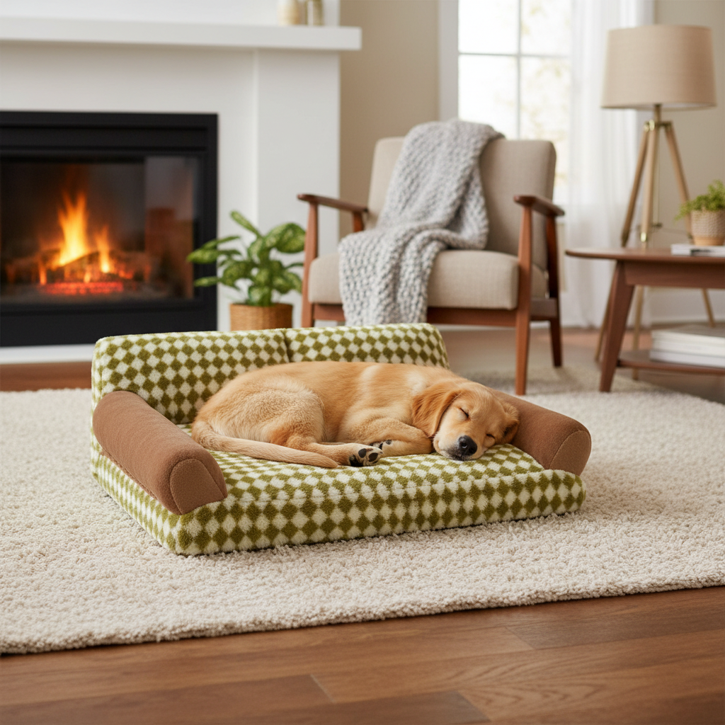 Pet Sleeping on Green White Couch Bed
