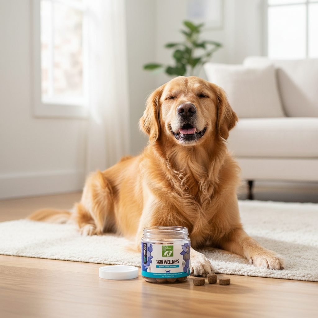 Pet with Healthy Shiny Coat After Skin Wellness Chews