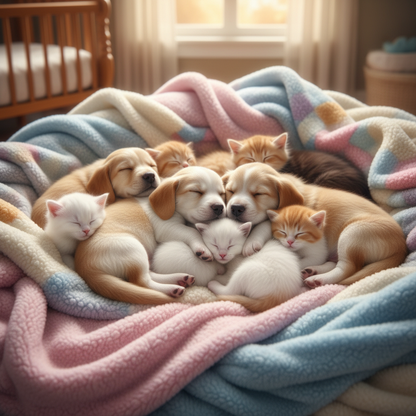 Puppies and Kittens Snuggled on Colorful Blankets