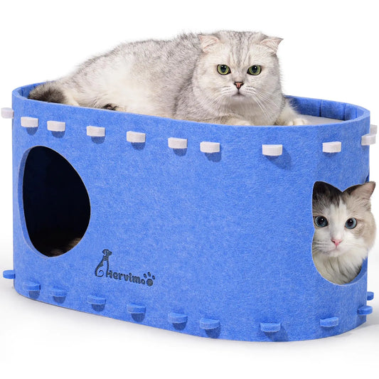 2-in-1 Cat House & Tunnel Blue - Foldable Peekaboo Cave for Large Cats