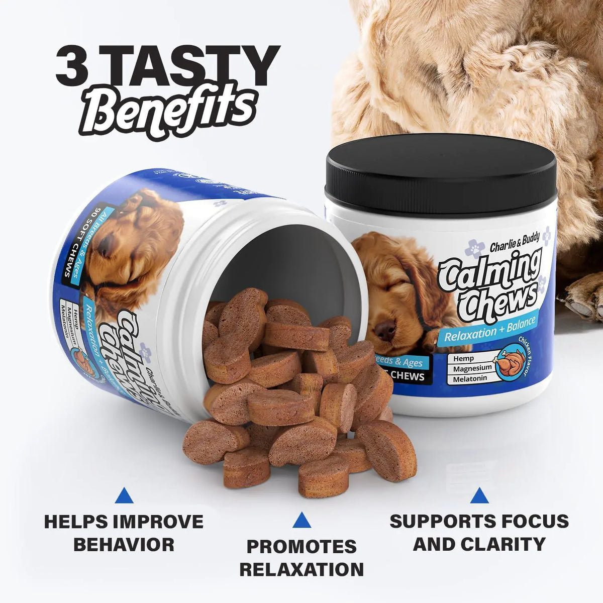 Calming Chews for Dogs - Anxiety Relief with Chamomile & Valerian Root (90 Chicken Chews)