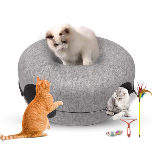 Cat Tunnel Bed 24" - Detachable Donut Cave Hideaway Toys Hair Remover Light Grey
